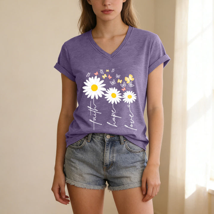 Christianartworkshop T-shirt casual con scollo a V, stampa floreale "Faith Hope Love Daisy Butterfly". - image 1