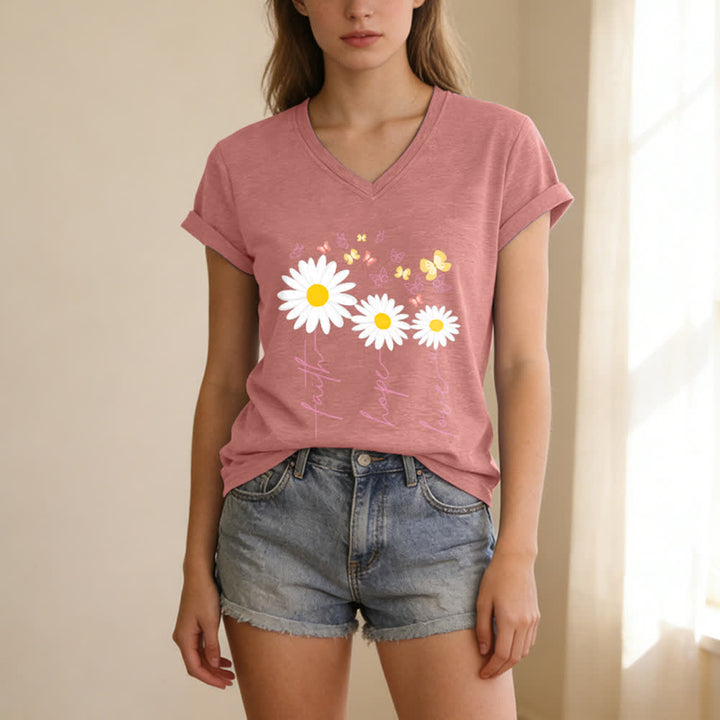 Christianartworkshop T-shirt casual con scollo a V, stampa floreale "Faith Hope Love Daisy Butterfly". - image 19