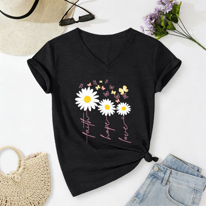 Christianartworkshop T-shirt casual con scollo a V, stampa floreale "Faith Hope Love Daisy Butterfly". - Nero - 2XL - image 14