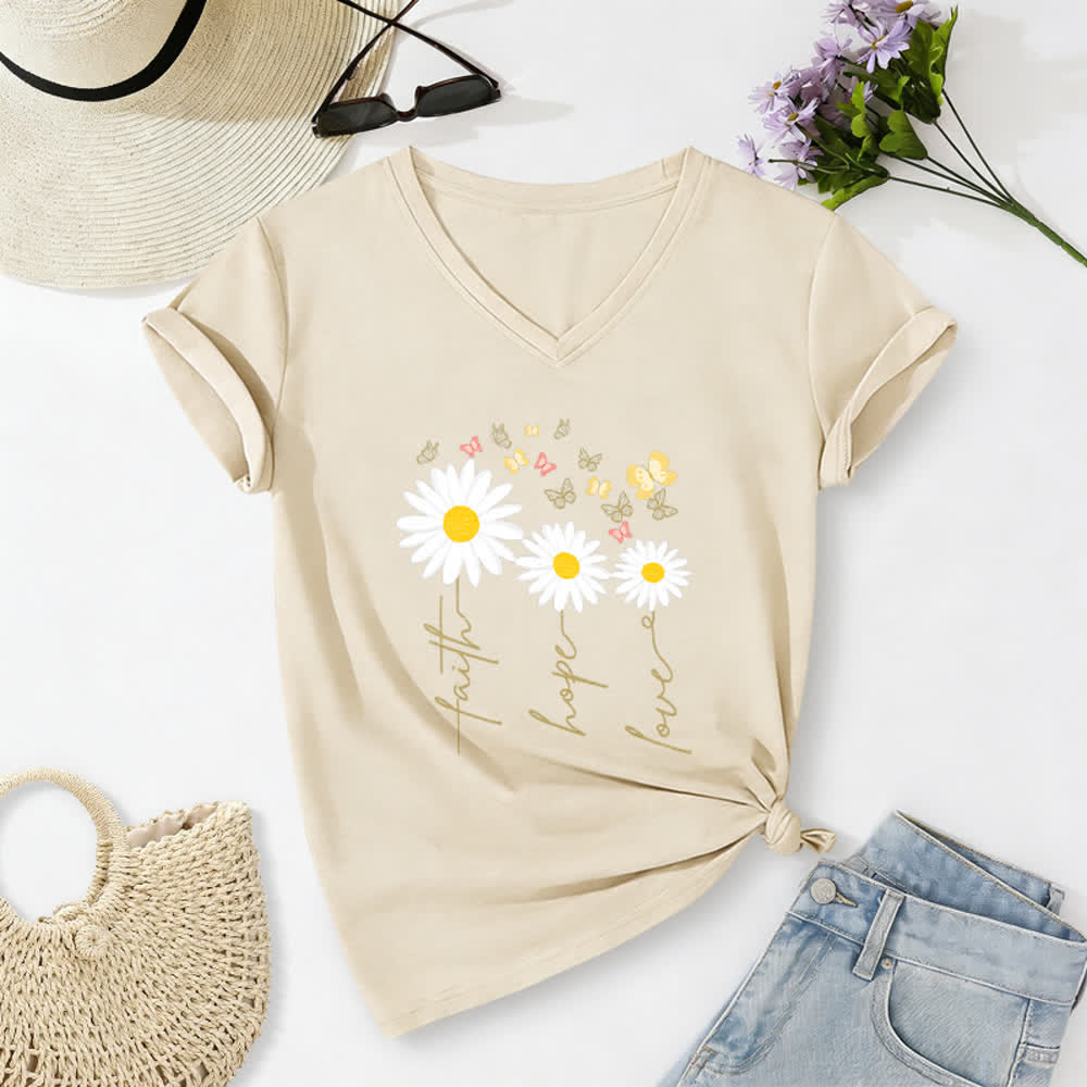 Christianartworkshop T-shirt casual con scollo a V, stampa floreale "Faith Hope Love Daisy Butterfly". - Beige - 2XL - image 2