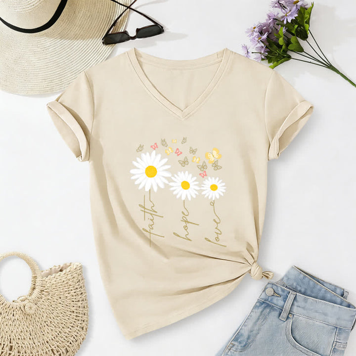Christianartworkshop T-shirt casual con scollo a V, stampa floreale "Faith Hope Love Daisy Butterfly". - Beige - 2XL - image 2