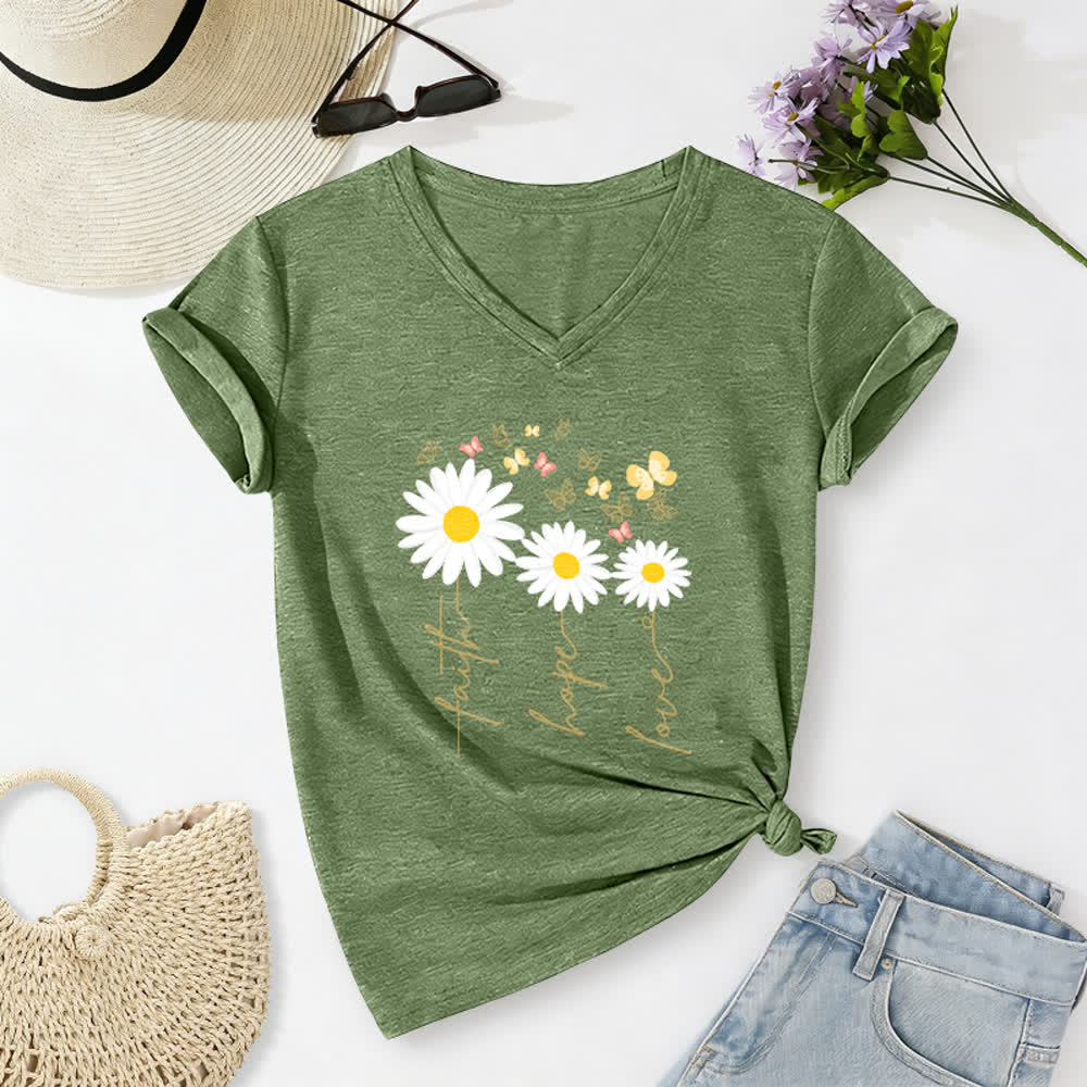 Christianartworkshop T-shirt casual con scollo a V, stampa floreale "Faith Hope Love Daisy Butterfly". - Verde oliva - 2XL - image 8