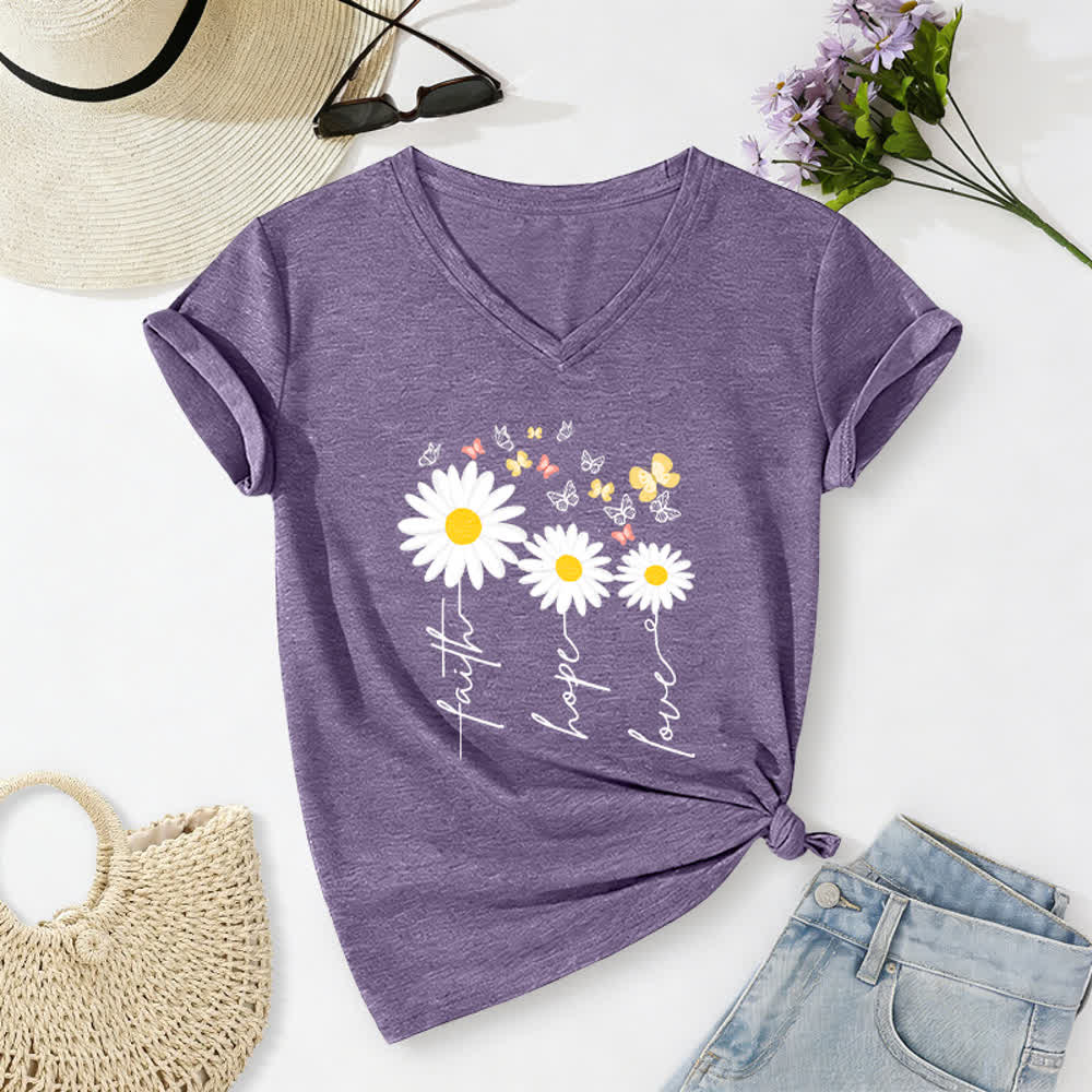 Christianartworkshop T-shirt casual con scollo a V, stampa floreale "Faith Hope Love Daisy Butterfly". - Viola - 2XL - image 0