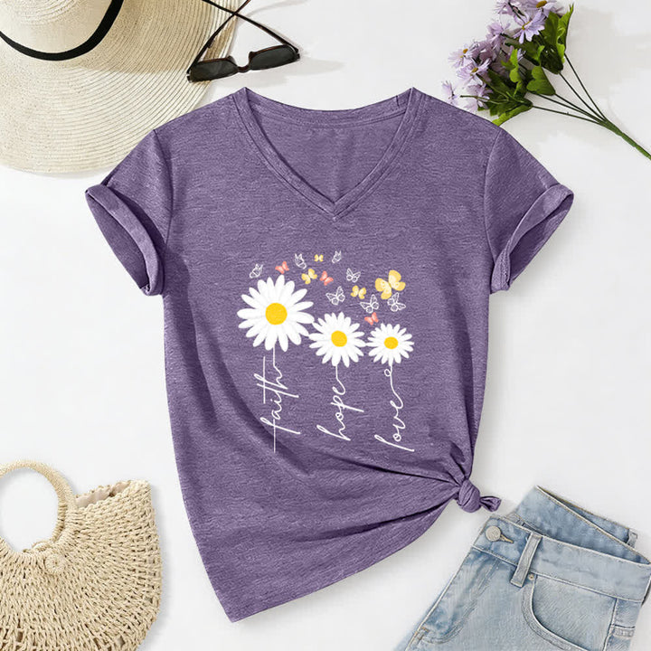 Christianartworkshop T-shirt casual con scollo a V, stampa floreale "Faith Hope Love Daisy Butterfly". - Viola - 2XL - image 0
