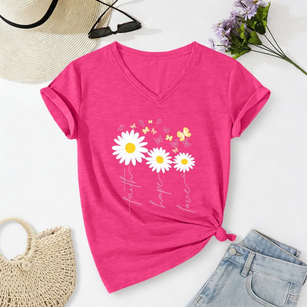 Christianartworkshop T-shirt casual con scollo a V, stampa floreale "Faith Hope Love Daisy Butterfly". - Rosa - 2XL - image 22