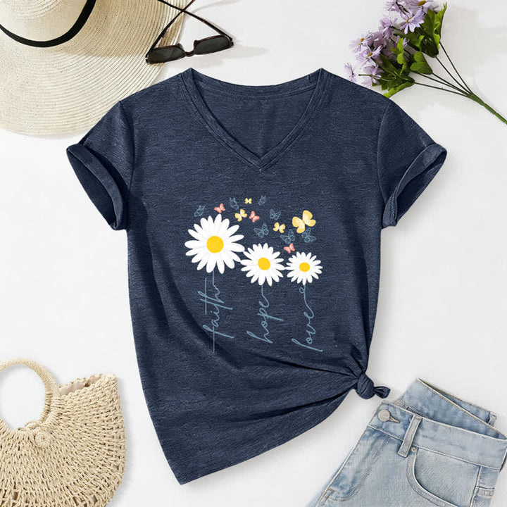 Christianartworkshop T-shirt casual con scollo a V, stampa floreale "Faith Hope Love Daisy Butterfly". - Blu navy - 2XL - image 10