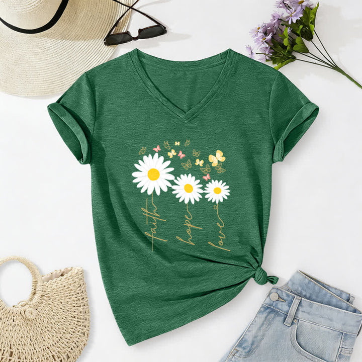 Christianartworkshop T-shirt casual con scollo a V, stampa floreale "Faith Hope Love Daisy Butterfly". - Verde scuro - 2XL - image 12