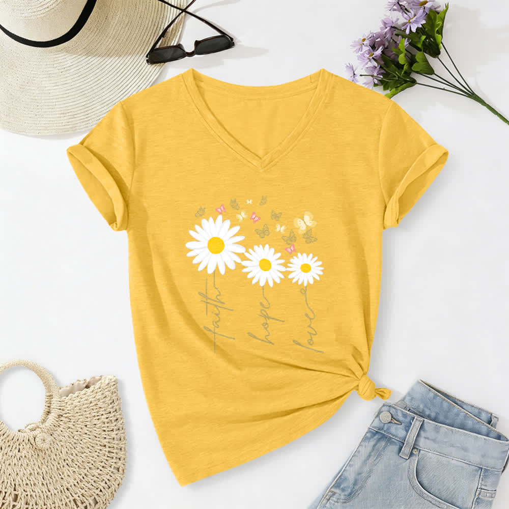 Christianartworkshop T-shirt casual con scollo a V, stampa floreale "Faith Hope Love Daisy Butterfly". - Giallo - 2XL - image 24