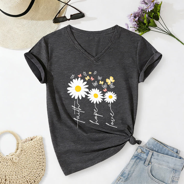 Christianartworkshop T-shirt casual con scollo a V, stampa floreale "Faith Hope Love Daisy Butterfly". - Grigio scuro - 2XL - image 6