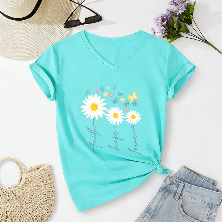 Christianartworkshop T-shirt casual con scollo a V, stampa floreale "Faith Hope Love Daisy Butterfly". - Blu celeste - 2XL - image 20