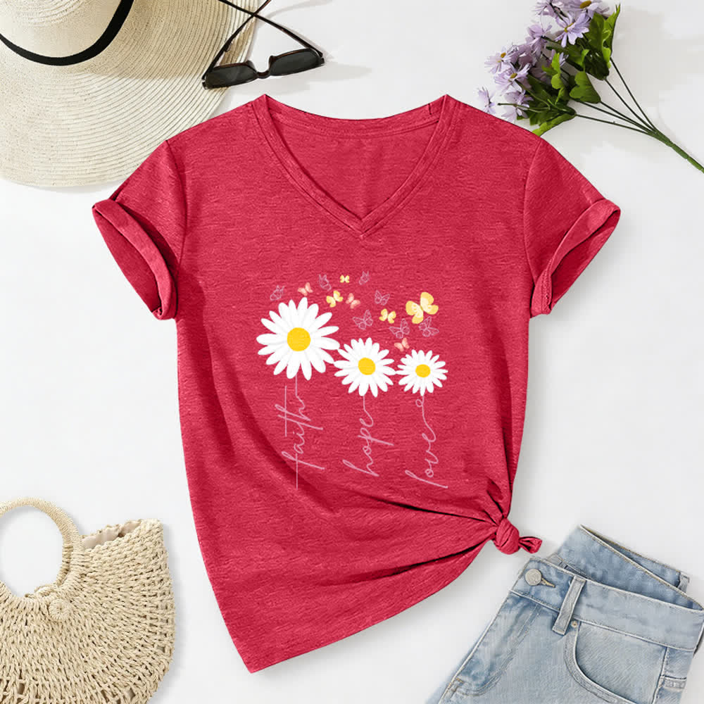 Christianartworkshop T-shirt casual con scollo a V, stampa floreale "Faith Hope Love Daisy Butterfly". - Rosso - 2XL - image 16