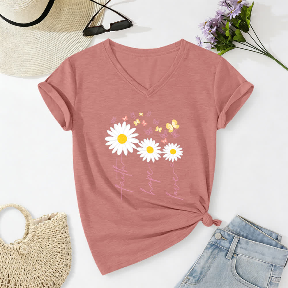 Christianartworkshop T-shirt casual con scollo a V, stampa floreale "Faith Hope Love Daisy Butterfly". - Rosa chiaro - 2XL - image 18