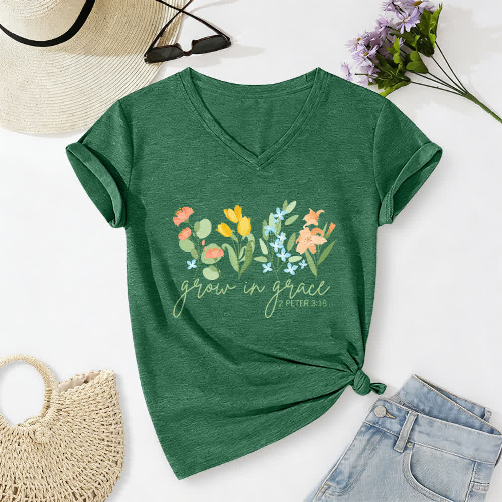 Christianartworkshop Crescere nella grazia 2 Pietro 3:18 Maglietta casual con scollo a V e stampa floreale - Verde scuro - 2XL - image 10