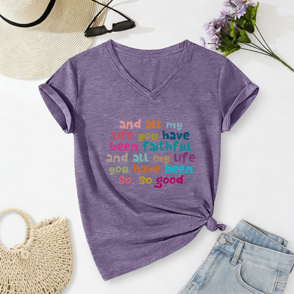Christianartworkshop E per tutta la mia vita mi sei stata fedele. Maglietta casual con scollo a V e stampa di lettere colorate. - Viola - 2XL - image 16