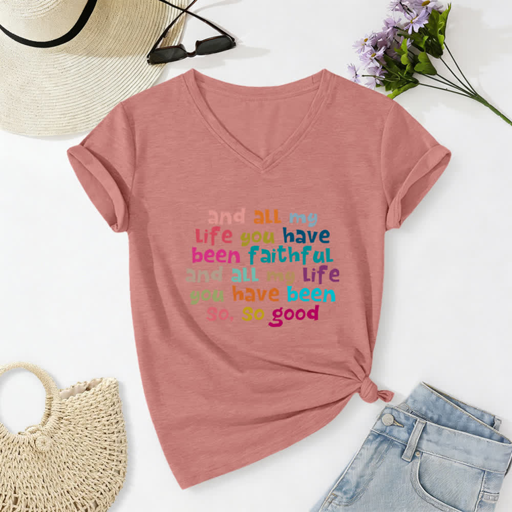 Christianartworkshop E per tutta la mia vita mi sei stata fedele. Maglietta casual con scollo a V e stampa di lettere colorate. - Rosa chiaro - 2XL - image 18