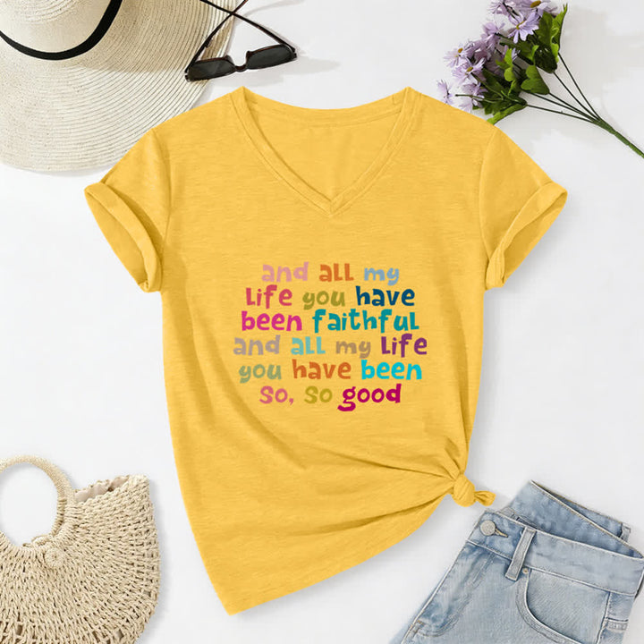 Christianartworkshop E per tutta la mia vita mi sei stata fedele. Maglietta casual con scollo a V e stampa di lettere colorate. - Giallo - 2XL - image 24