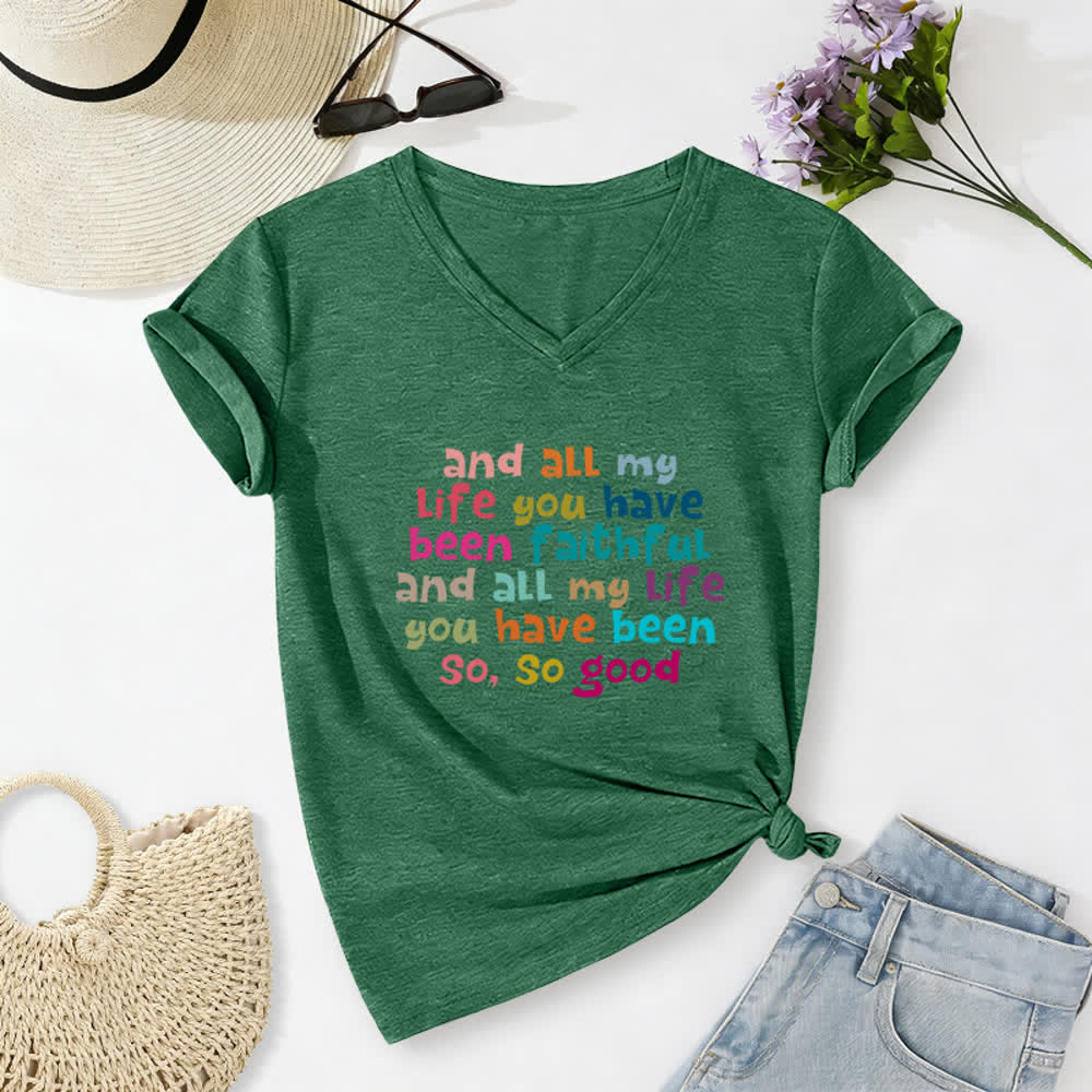 Christianartworkshop E per tutta la mia vita mi sei stata fedele. Maglietta casual con scollo a V e stampa di lettere colorate. - Verde scuro - 2XL - image 10