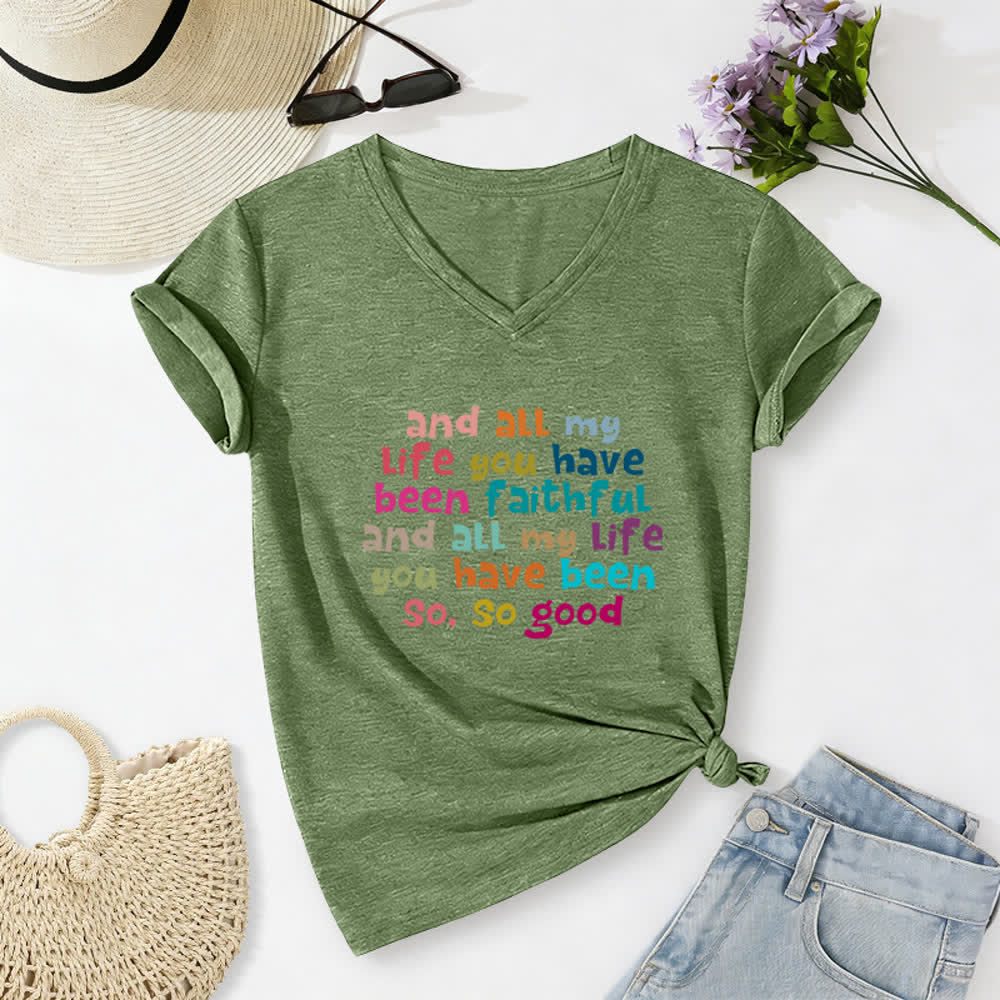 Christianartworkshop E per tutta la mia vita mi sei stata fedele. Maglietta casual con scollo a V e stampa di lettere colorate. - Verde oliva - 2XL - image 6