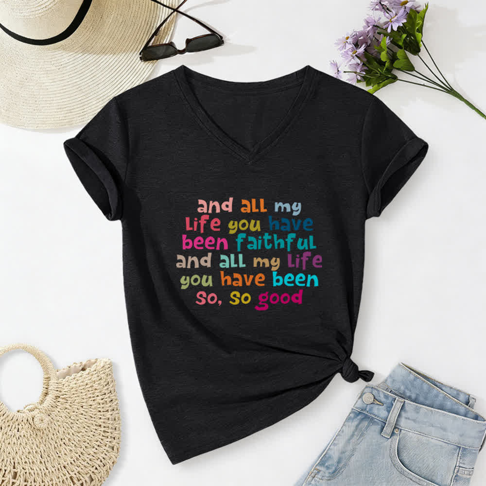 Christianartworkshop E per tutta la mia vita mi sei stata fedele. Maglietta casual con scollo a V e stampa di lettere colorate. - Nero - 2XL - image 12