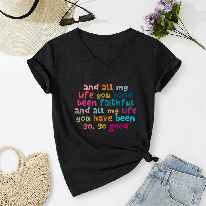 Christianartworkshop E per tutta la mia vita mi sei stata fedele. Maglietta casual con scollo a V e stampa di lettere colorate. - Nero - 2XL - image 12