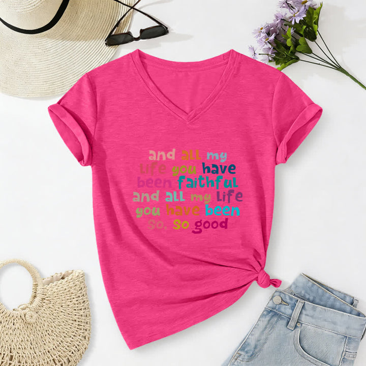 Christianartworkshop E per tutta la mia vita mi sei stata fedele. Maglietta casual con scollo a V e stampa di lettere colorate. - Rosa - 2XL - image 22