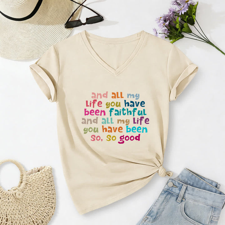 Christianartworkshop E per tutta la mia vita mi sei stata fedele. Maglietta casual con scollo a V e stampa di lettere colorate. - Beige - 2XL - image 0
