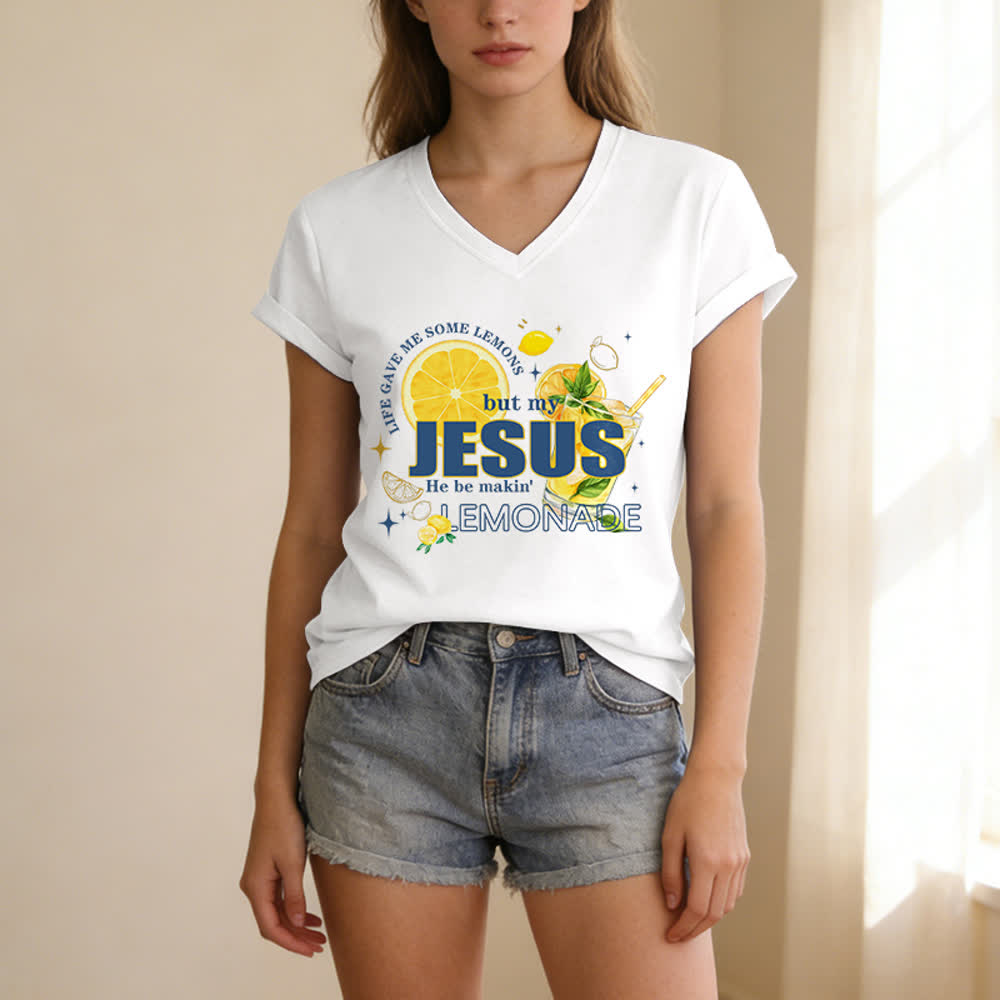 Christianartworkshop La vita mi ha dato dei limoni, ma Gesù ne ha fatto una limonata. Maglietta casual con scollo a V e stampa grafica di limoni. - image 5