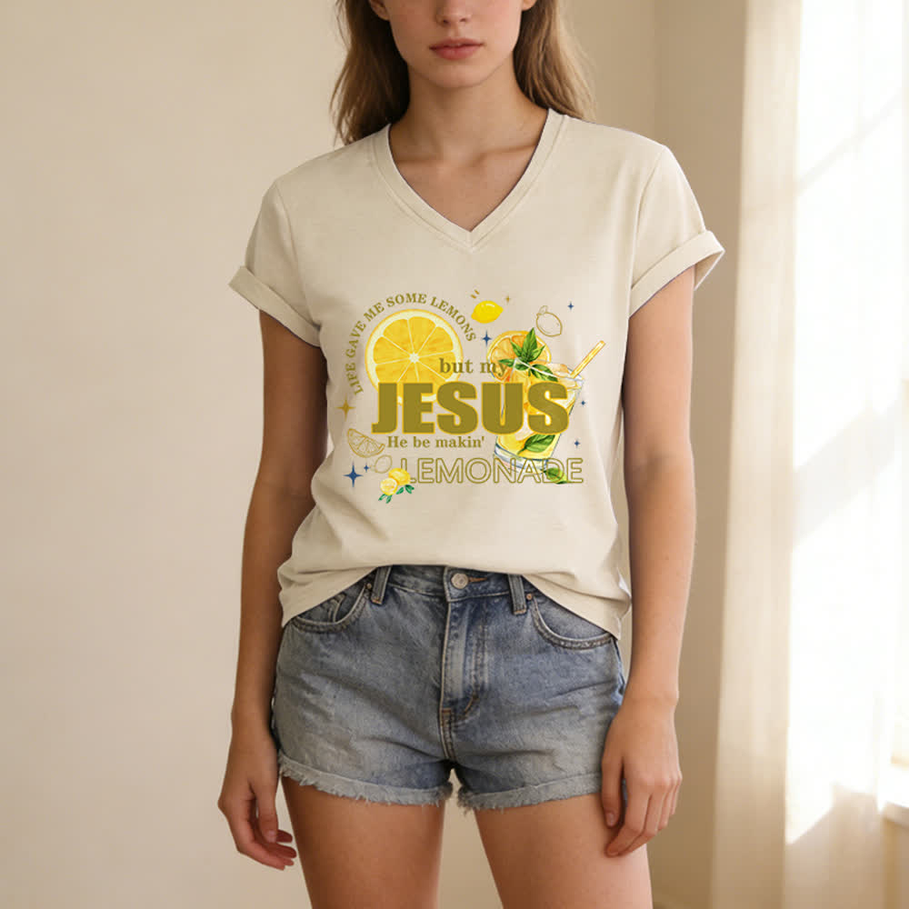 Christianartworkshop La vita mi ha dato dei limoni, ma Gesù ne ha fatto una limonata. Maglietta casual con scollo a V e stampa grafica di limoni. - image 3