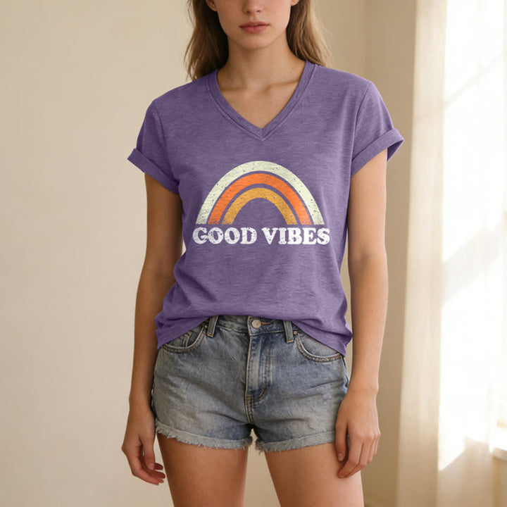 Christianartworkshop Maglietta da donna con scollo a V Good Vibes Retro Rainbow Heather - image 1