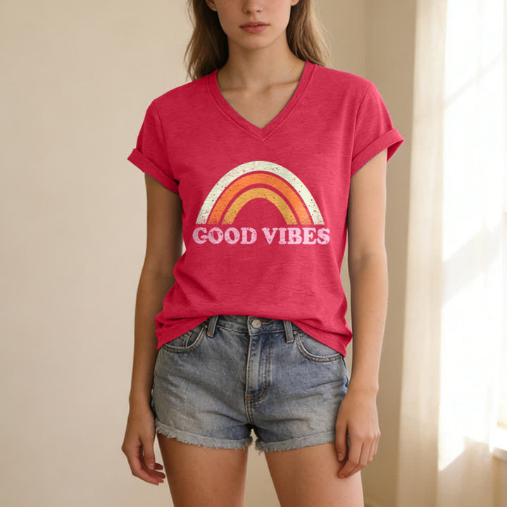 Christianartworkshop Maglietta da donna con scollo a V Good Vibes Retro Rainbow Heather - image 17