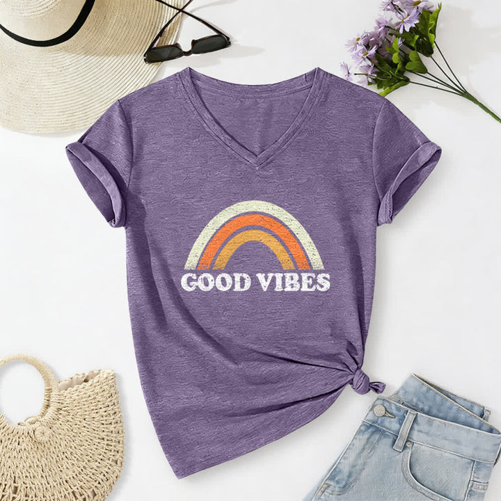 Christianartworkshop Maglietta da donna con scollo a V Good Vibes Retro Rainbow Heather - Viola - 2XL - image 0