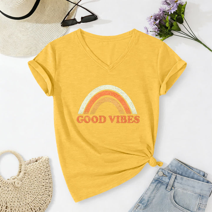 Christianartworkshop Maglietta da donna con scollo a V Good Vibes Retro Rainbow Heather - Giallo - 2XL - image 22