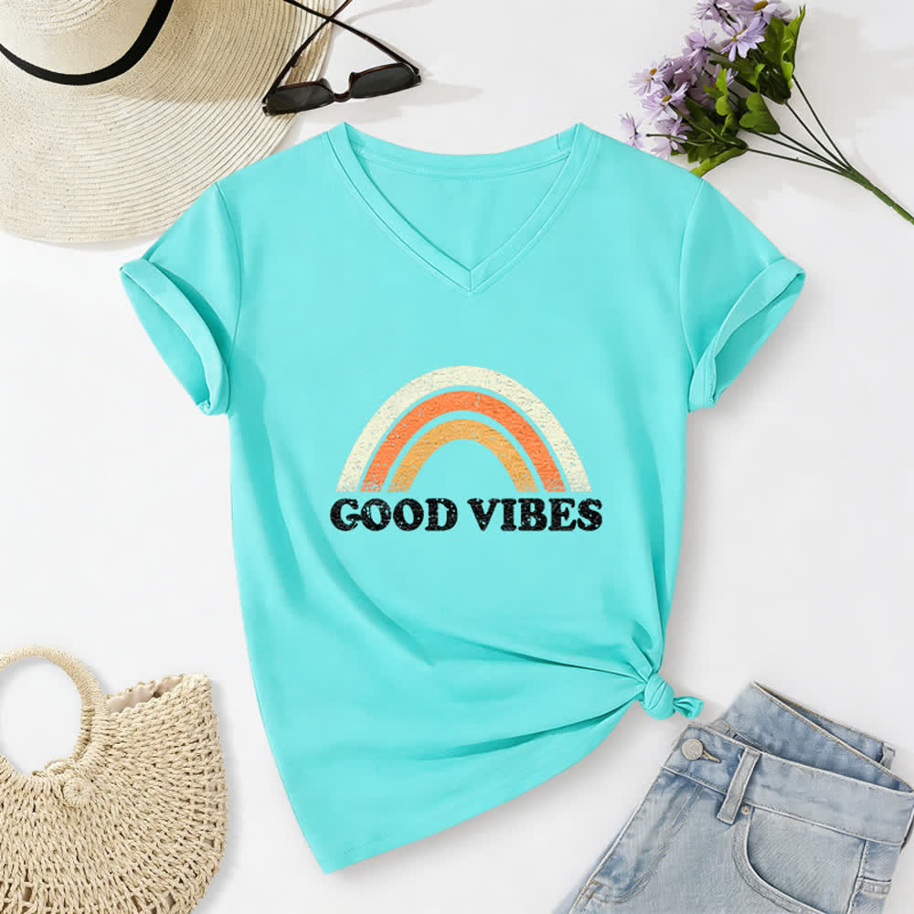 Christianartworkshop Maglietta da donna con scollo a V Good Vibes Retro Rainbow Heather - Blu - 2XL - image 19