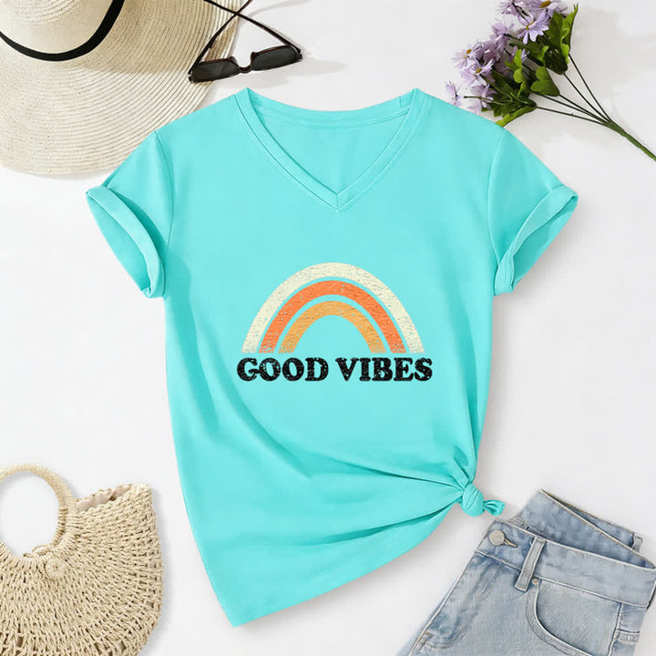 Christianartworkshop Maglietta da donna con scollo a V Good Vibes Retro Rainbow Heather - Blu - 2XL - image 19