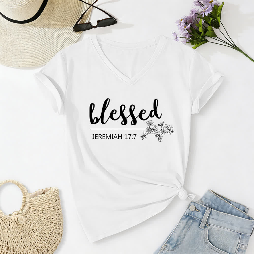 Christianartworkshop T-shirt da donna con scollo a V e stampa floreale "Benedetto Geremia 17:7" blu navy - Bianco - 2XL - image 4