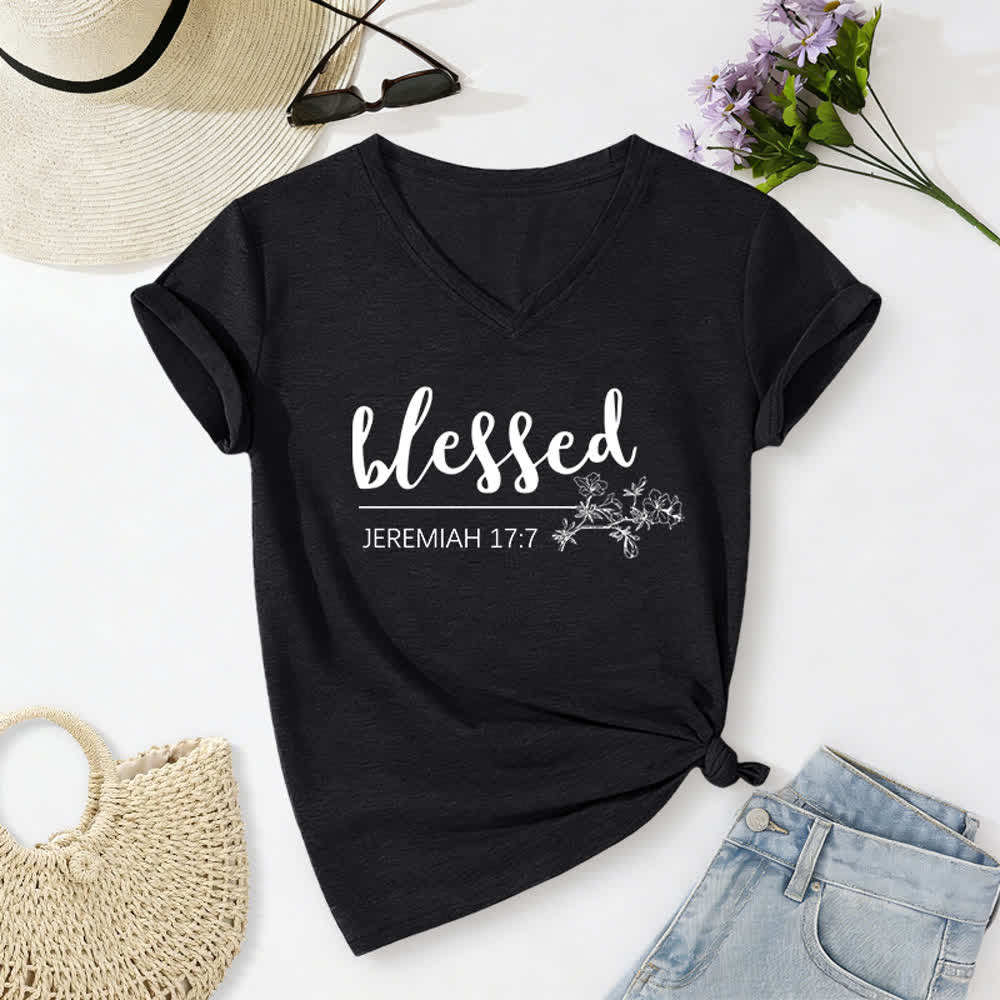 Christianartworkshop T-shirt da donna con scollo a V e stampa floreale "Benedetto Geremia 17:7" blu navy - Nero - 2XL - image 12