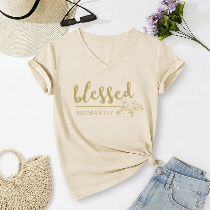 Christianartworkshop T-shirt da donna con scollo a V e stampa floreale "Benedetto Geremia 17:7" blu navy - Beige - 2XL - image 2