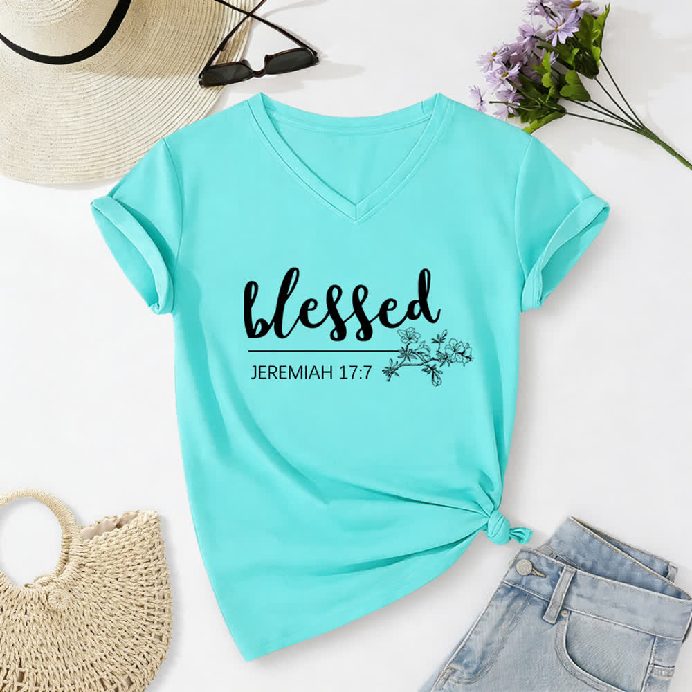 Christianartworkshop T-shirt da donna con scollo a V e stampa floreale "Benedetto Geremia 17:7" blu navy - Blu - 2XL - image 20
