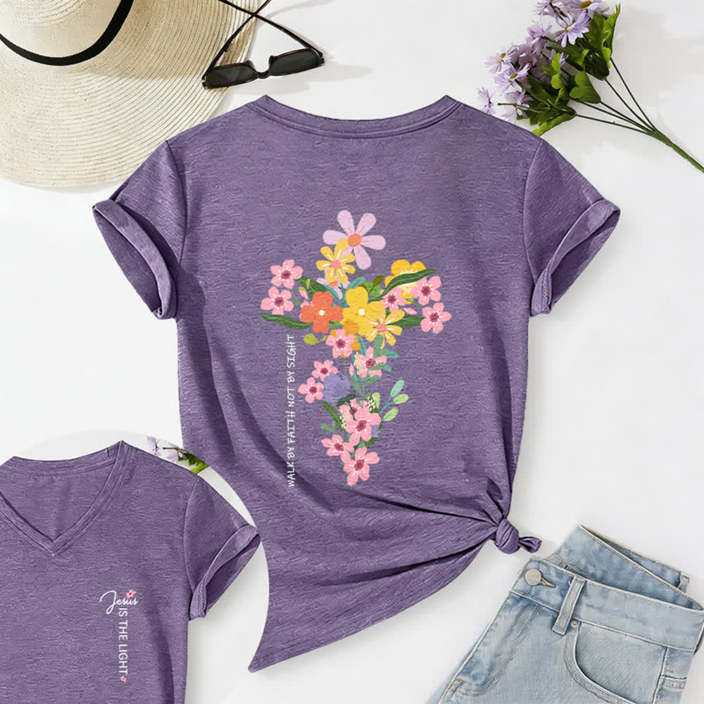 Christianartworkshop Maglietta casual con scollo a V e stampa floreale "Jesus Is The Light" su entrambi i lati, da indossare per fede e non per vista. - Viola - 2XL - image 32
