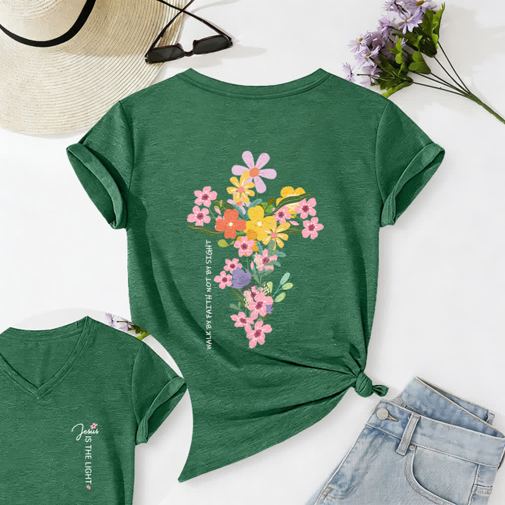 Christianartworkshop Maglietta casual con scollo a V e stampa floreale "Jesus Is The Light" su entrambi i lati, da indossare per fede e non per vista. - Verde oliva - 2XL - image 20