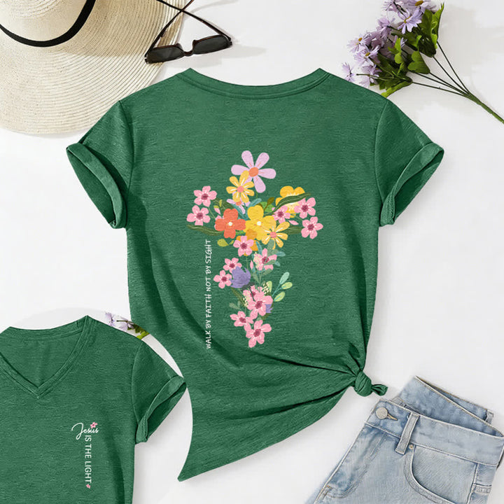 Christianartworkshop Maglietta casual con scollo a V e stampa floreale "Jesus Is The Light" su entrambi i lati, da indossare per fede e non per vista. - Verde oliva - 2XL - image 20