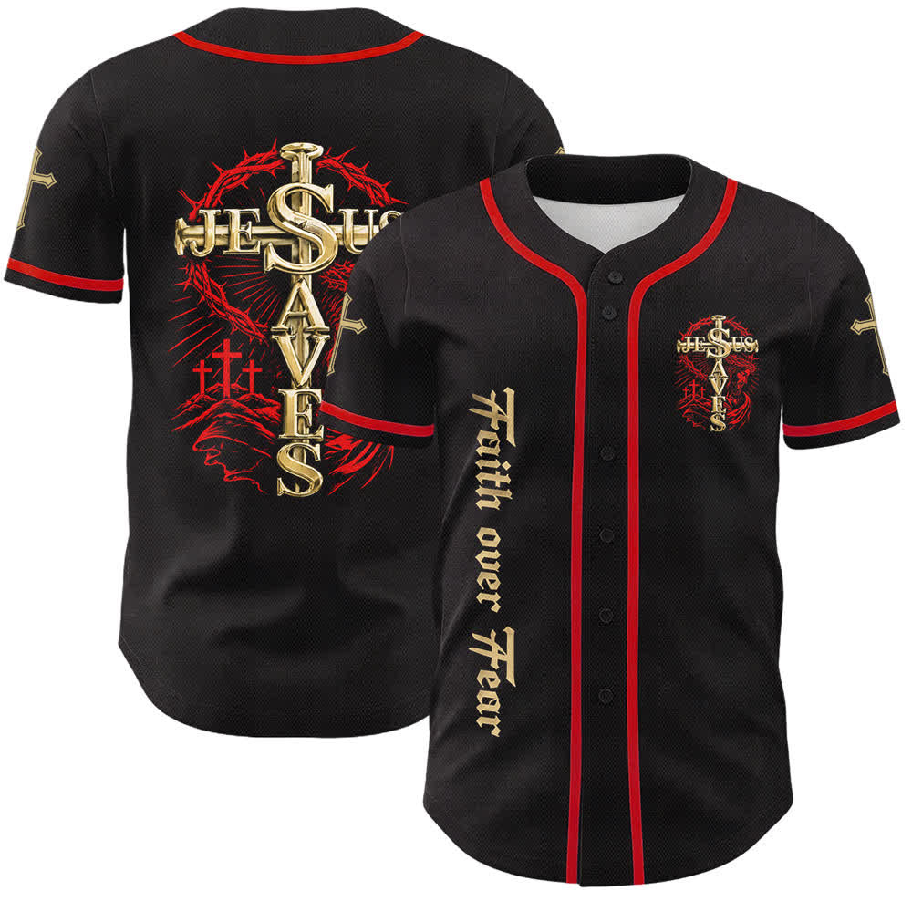 Christianartworkshop Fede contro la paura Gesù salva Maglia da baseball unisex con croce di spine - Rosso - 5XL - image 3