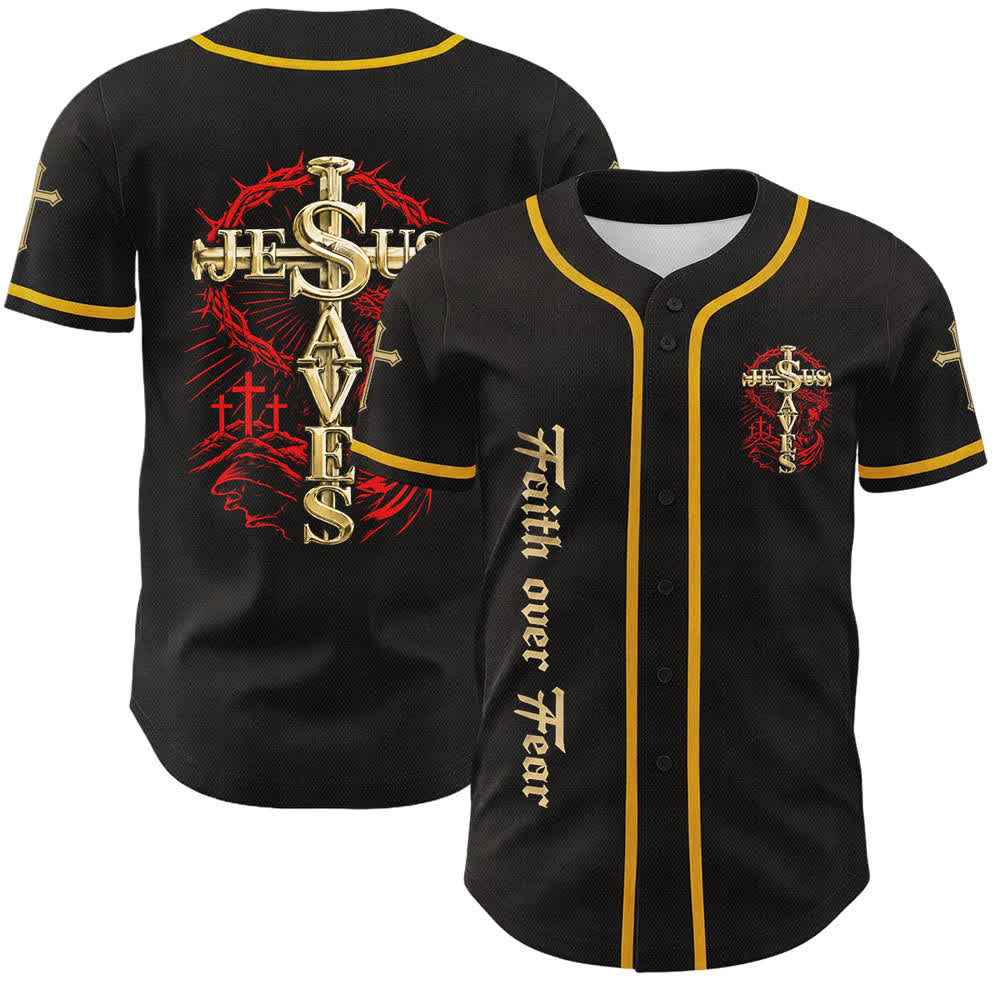 Christianartworkshop Fede contro la paura Gesù salva Maglia da baseball unisex con croce di spine - Giallo - 5XL - image 0