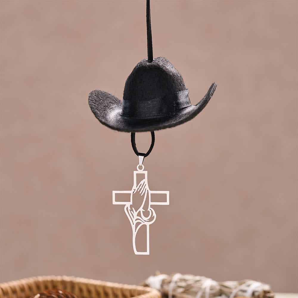 Christianartworkshop Mini ciondolo per auto a forma di cappello da cowboy, mani in preghiera e croce: simbolo di serena grazia nel viaggio. - image 7