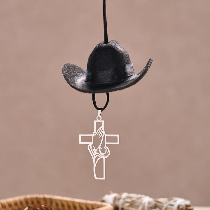 Christianartworkshop Mini ciondolo per auto a forma di cappello da cowboy, mani in preghiera e croce: simbolo di serena grazia nel viaggio. - image 7
