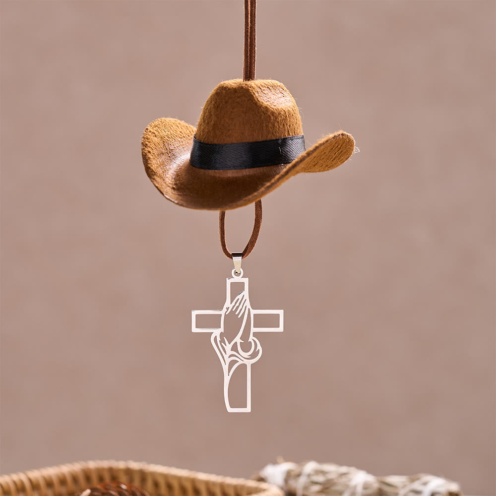 Christianartworkshop Mini ciondolo per auto a forma di cappello da cowboy, mani in preghiera e croce: simbolo di serena grazia nel viaggio. - image 5