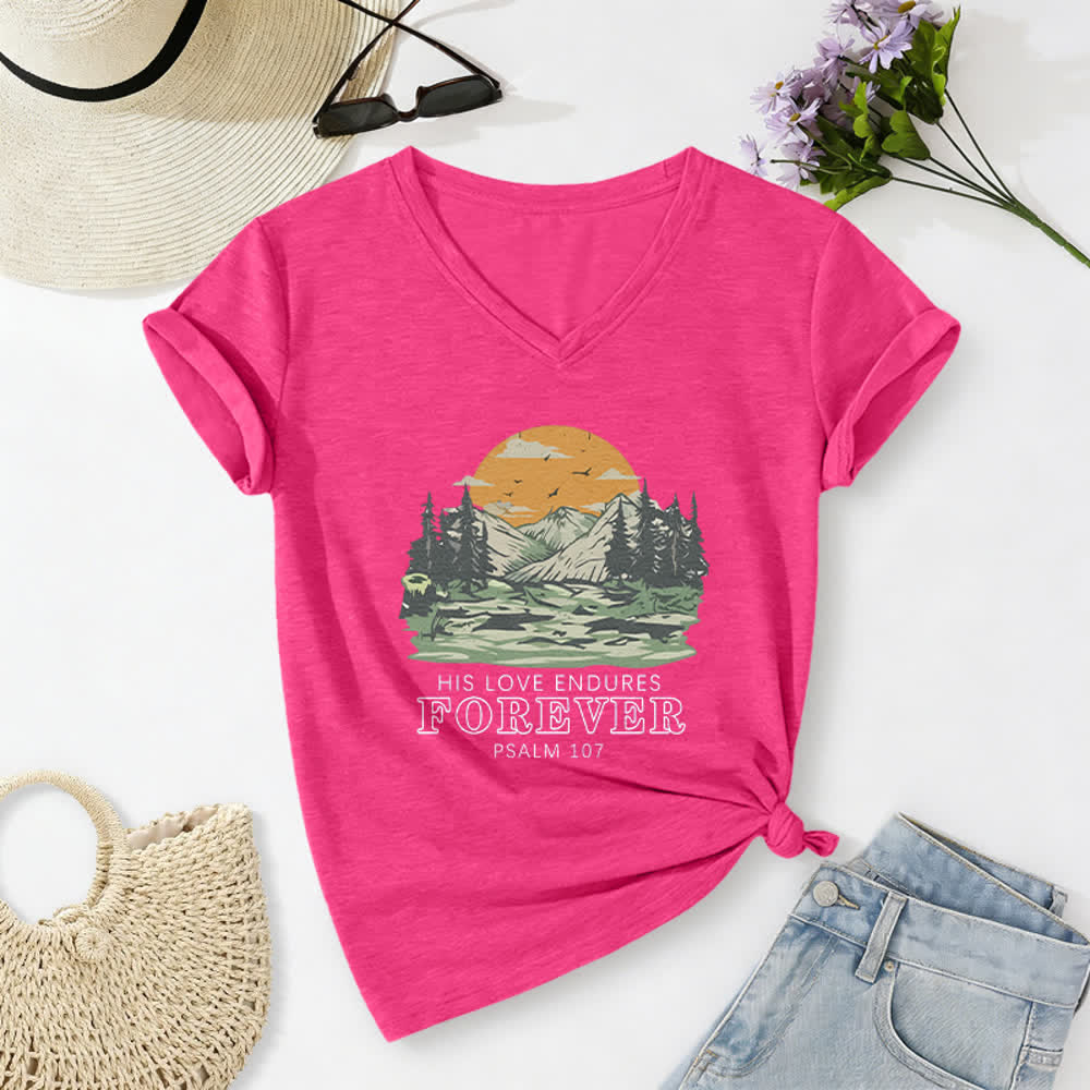 Christianartworkshop Il suo amore dura per sempre Salmo 107 Maglietta casual con scollo a V e stampa di paesaggio montano - Rosa - 2XL - image 22
