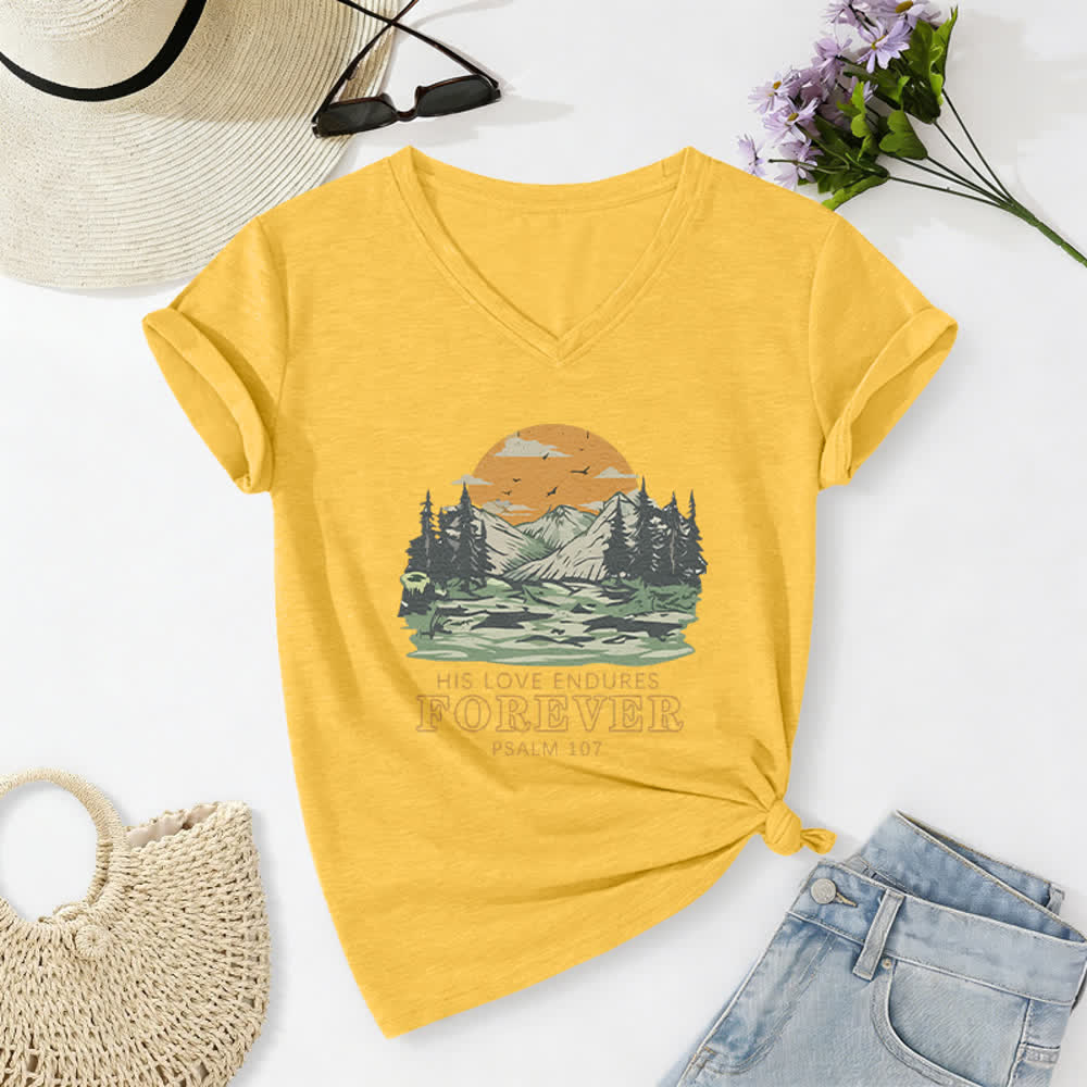 Christianartworkshop Il suo amore dura per sempre Salmo 107 Maglietta casual con scollo a V e stampa di paesaggio montano - Giallo - 2XL - image 24