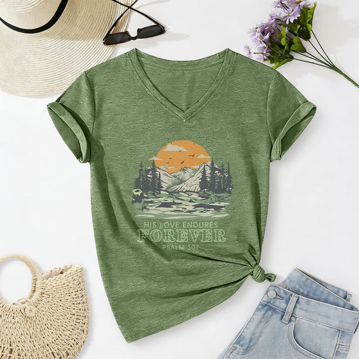 Christianartworkshop Il suo amore dura per sempre Salmo 107 Maglietta casual con scollo a V e stampa di paesaggio montano - Verde oliva - 2XL - image 6