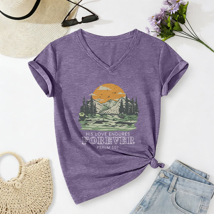 Christianartworkshop Il suo amore dura per sempre Salmo 107 Maglietta casual con scollo a V e stampa di paesaggio montano - Viola - 2XL - image 16